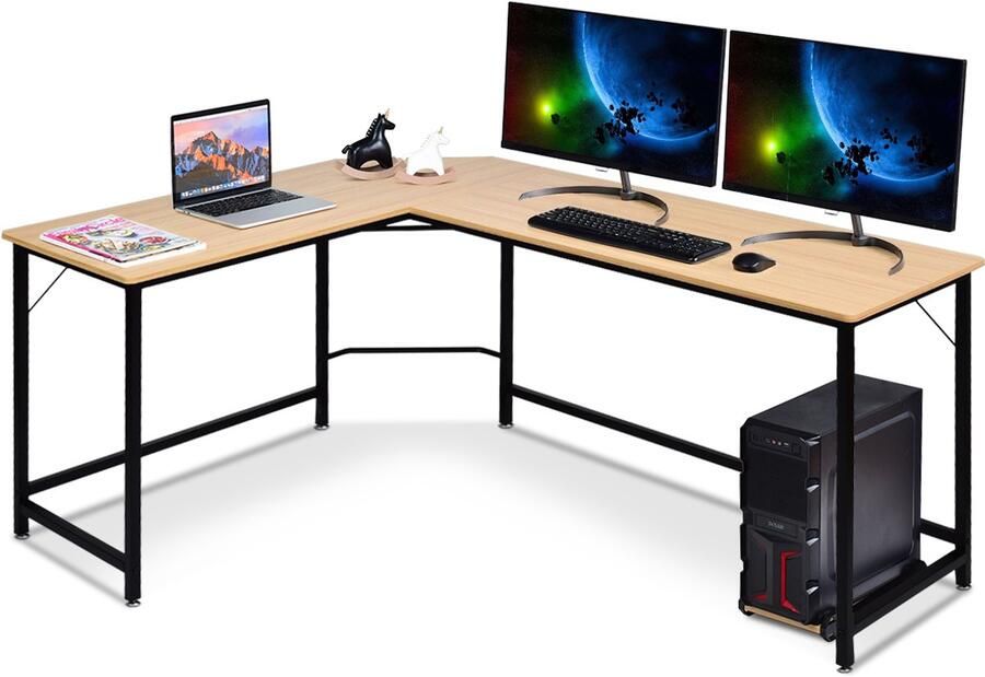 Costway 125 x 168cm L-vormige Hoekbureau computertafel met CPU-standaard PC-laptop-studietafel met weinig werkruimte werkstation Kantoor houten bureau met verstelbare voetzolen perfect voor kantoor slaapkamer of speelkamer
