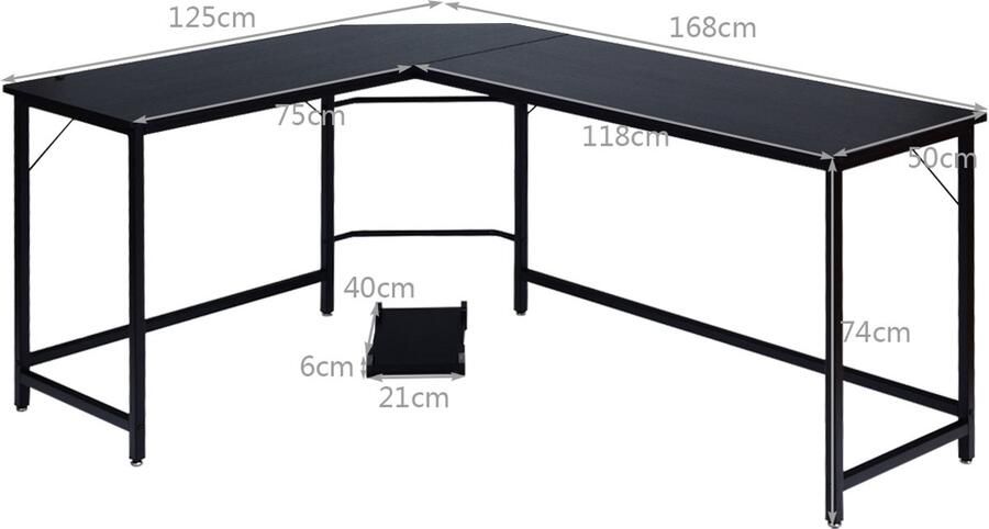 Costway 125 x 168cm L-vormige Hoekbureau computertafel met CPU-standaard PC-laptop-studietafel met weinig werkruimte werkstation Kantoor houten bureau met verstelbare voetzolen perfect voor kantoor slaapkamer of speelkamer - Foto 2