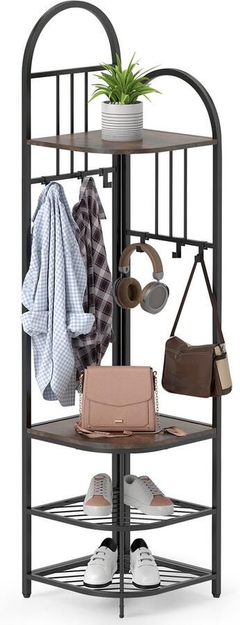 Costway 180 cm kapstok hoek kledingstandaard & zitbank & schoenenrek incl. 12 haken 4 niveaus opbergrek garderobe voor ingang hal woonkamer slaapkamer