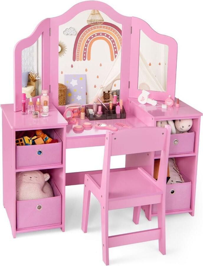 Costway 2 in 1 Kaptafel kind met Stoel En 3 Spiegels 104 x 40 x 117 cm Roze Set voor Kinderen Make-Up Tafel Opmaaktafel