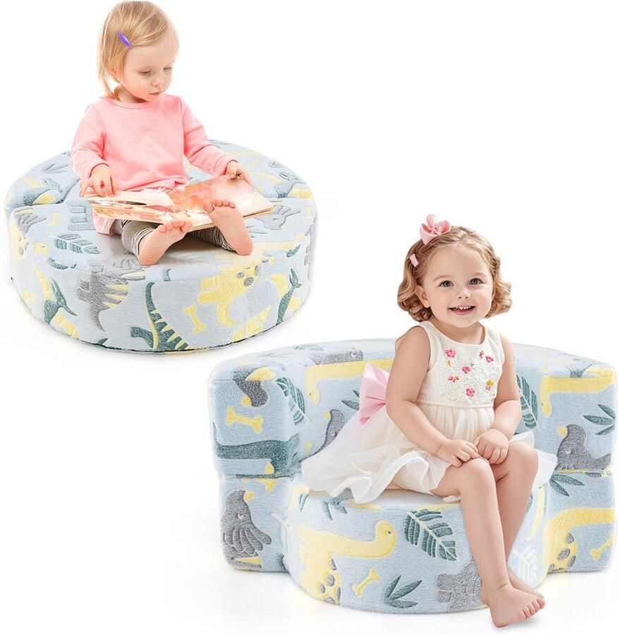 Costway 2-in-1 kinderbank rond speelbank oplichtend in het donker kinderbank gevoerd met afneembare overtrek kinderstoel voor jongens en meisjes vanaf 3 jaar (blauw)