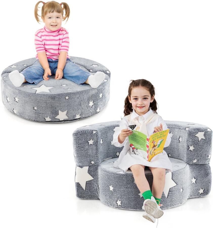 Costway 2-in-1 kinderbank rond speelbank oplichtend in het donker kinderbank gevoerd met afneembare overtrek kinderstoel voor jongens en meisjes vanaf 3 jaar (grijs)
