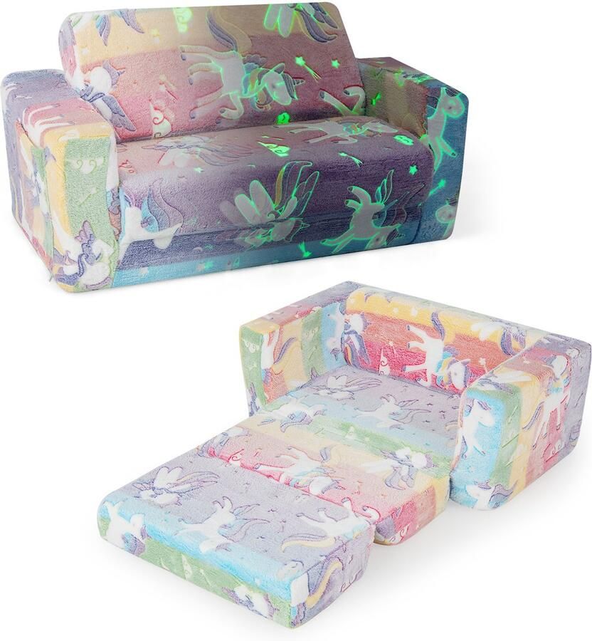 Costway 2-in-1 kinderstoel oplichtend in het donker uitklapbare kinderbank met afneembare overtrek en zijzak kinderbank kinderbed babybank van fluweel voor kinderen vanaf 3 jaar