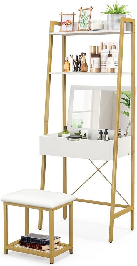 Costway 2-in-1 make-uptafel met kruk kaptafel met spiegel omkeerbaar make-uptafel met dubbele planken en verborgen kast bureau make-uptafel 60 cm x 39 5 cm x 164 5 cm