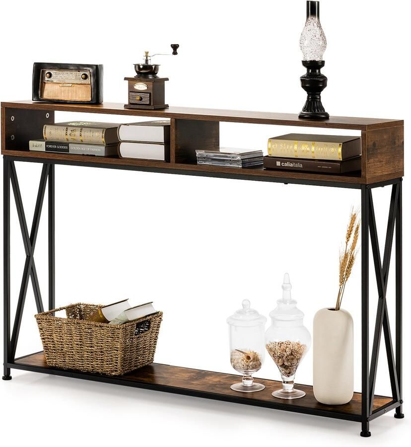 Costway 2 Lagen consoletafel gangtafel entreetafel met open plank & opbergcompartimenten stevige stalen frame verstelbare voeten anti-kantelen ontwerp compacte industriële bijzettafel voor woonkamer entree gang 120 x 23 x 79 cm