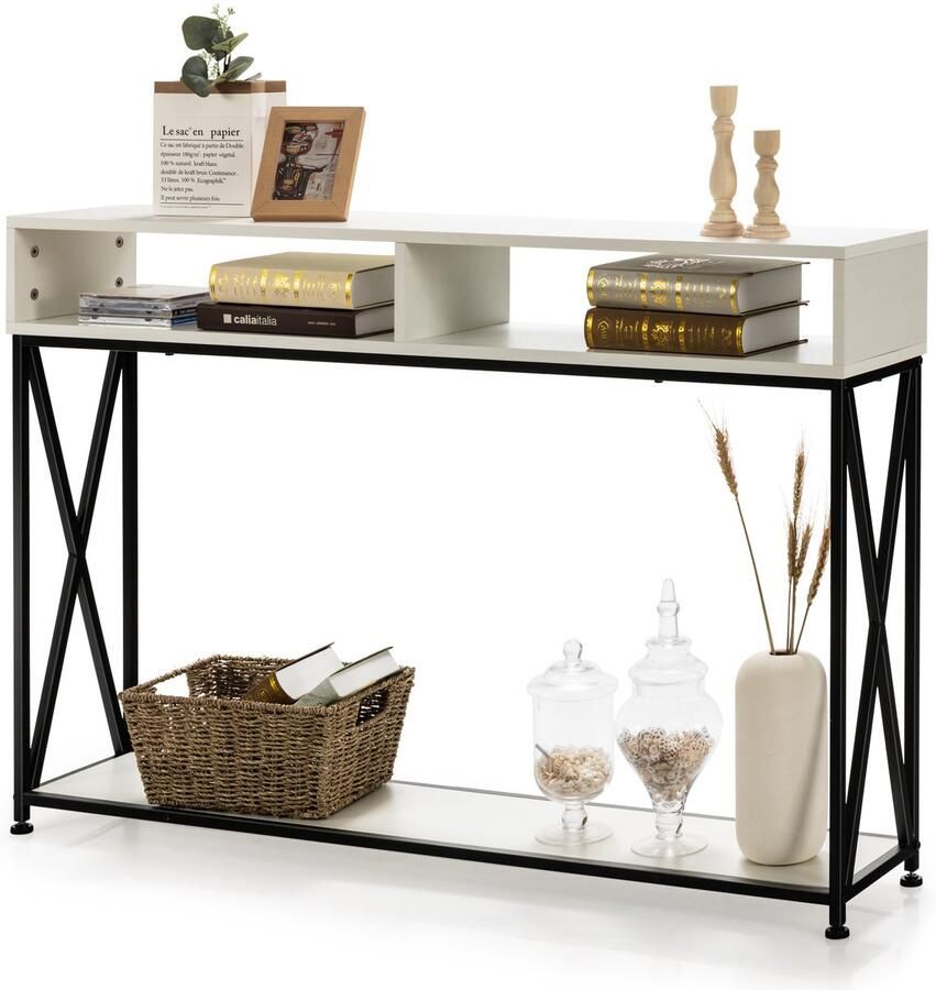 Costway 2 Lagen consoletafel gangtafel entreetafel met open plank & opbergcompartimenten stevige stalen frame verstelbare voeten anti-kantelen ontwerp compacte industriële bijzettafel voor woonkamer entree gang 120 x 23 x 79 cm