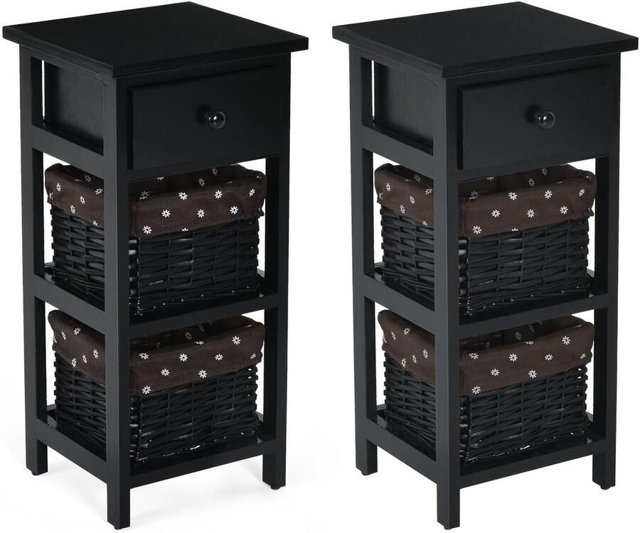 Costway (2 Stuks) Nachtkastje met Lade en 2 Opbergmanden Bijzettafel Rieten Dressoir Mand Commode Ladeblok Zwart