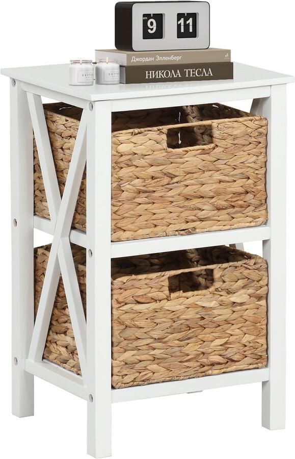 Costway 2-traps nachtkastje met zeegrasmanden smal X-design bijzettafel salontafel met acaciahouten poten opbergkast voor woonkamer slaapkamer walnoot (36 x 30 x 57 cm)