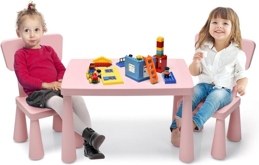 COSTWAY 3-delig kinderzitgroep kindertafelgroep kindertafel met 2 stoelen kindermeubels van kunststof kinderplacemat voor kleuterschool en kinderkamer (roze)