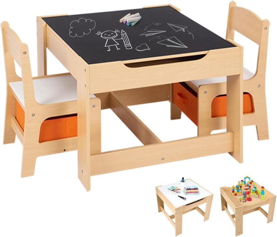 Costway 3-delige kinderzitgroep kindertafel met 2 stoelen van hout 3-in-1 schildertafel & activiteitstafel & tafeltafel kindermeubel kinderzitgarnituur voor peuters van 3 tot 7 jaar (natuur)