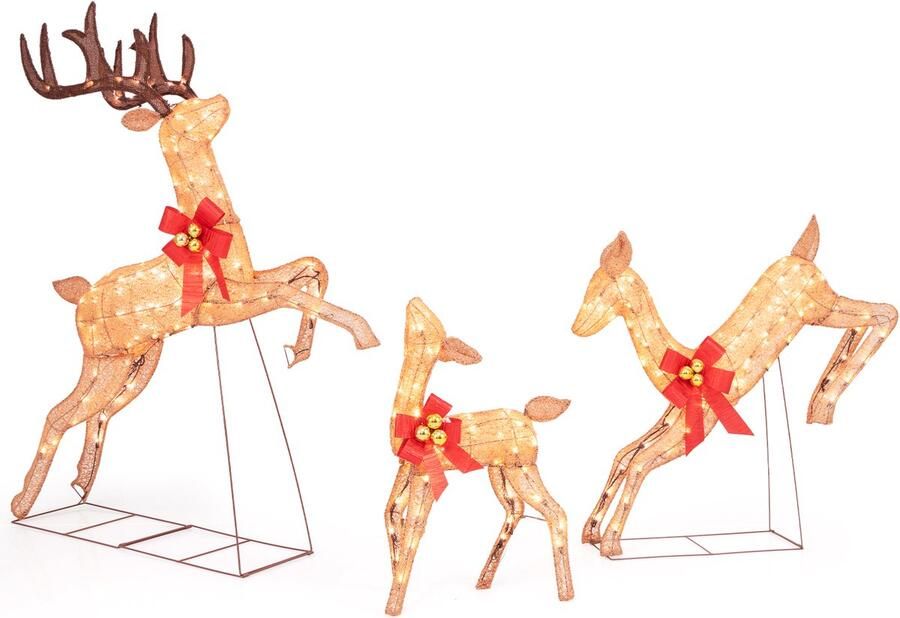 Costway 3-delige led-rendierfamilie groot verlichte kerstdecoratie XXL kerstfiguur met 255 warmwitte lampen kerstverlichting kerstdecoratie voor binnen en buiten