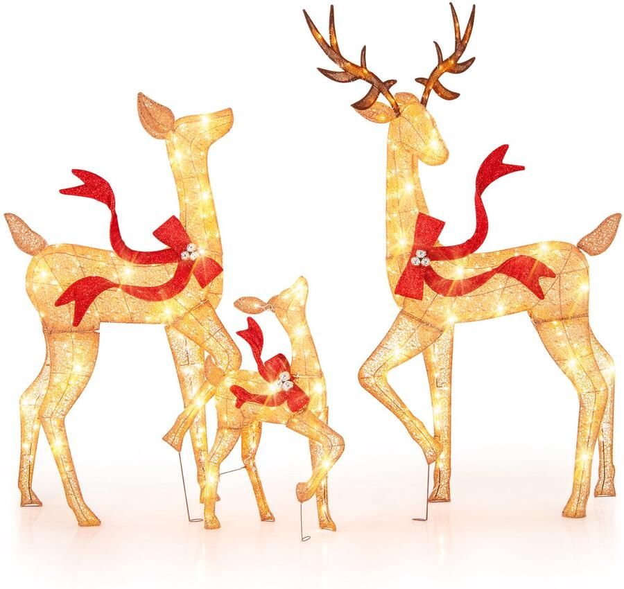 Costway 3-delige led-rendierfamilie kerstdecoratie verlicht rendier kerstfiguur met 440 warmwitte lampen kerstverlichting kerstdecoratie voor buiten en binnen