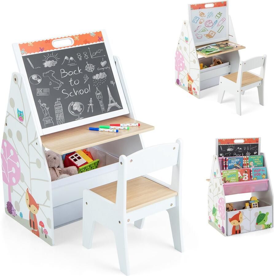 Costway 3 in 1 kindertafel & kunstezel & krijtbord kinderzitgroep met magneetbord & whiteboard & stoffen mand & boekenplank kinderplank met opbergruimte voor jongens en meisjes (wit)