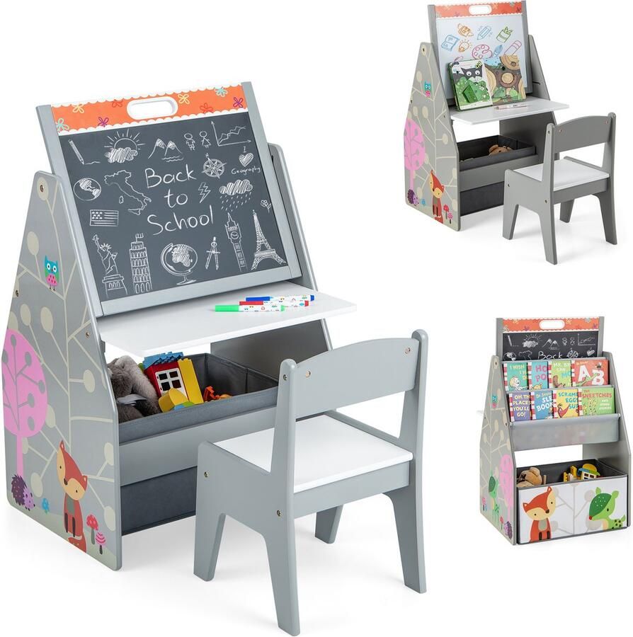Costway 3 in 1 kindertafel & kunstezel & krijtbord kinderzitgroep met magneetbord & whiteboard & stoffen mand & boekenplank kinderplank met opbergruimte voor jongens en meisjes
