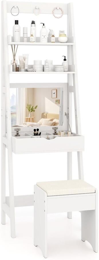 Costway 3-in-1 make-uptafel & ladderrek & bureau met klapspiegel en 3 haken kaptafel met 2 planken en 6 vakken make-uptafel met kruk make-uptafel wit 40 x 60 x 180 cm