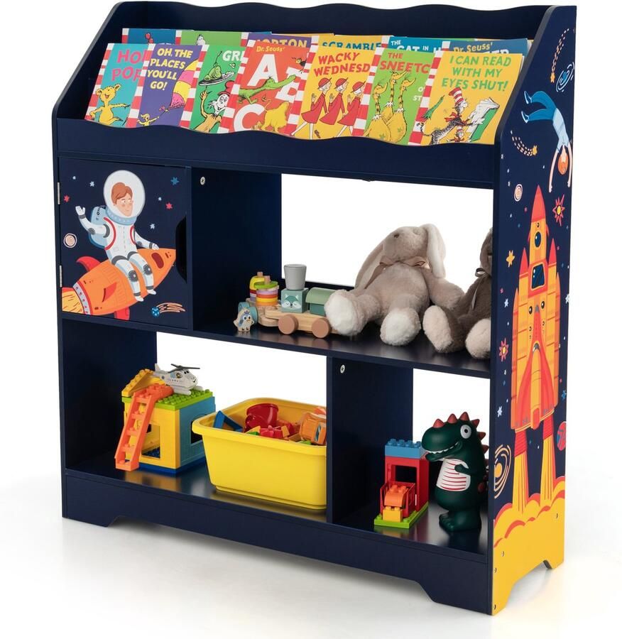 Costway 3-in-1 speelgoedrek 3 verdiepingen tellend kinderrek met opbergvakken en deur speelgoedorganizer boekenkast voor speelkamer woonkamer kleuterschool 93 x 30 x 100 cm (blauw)