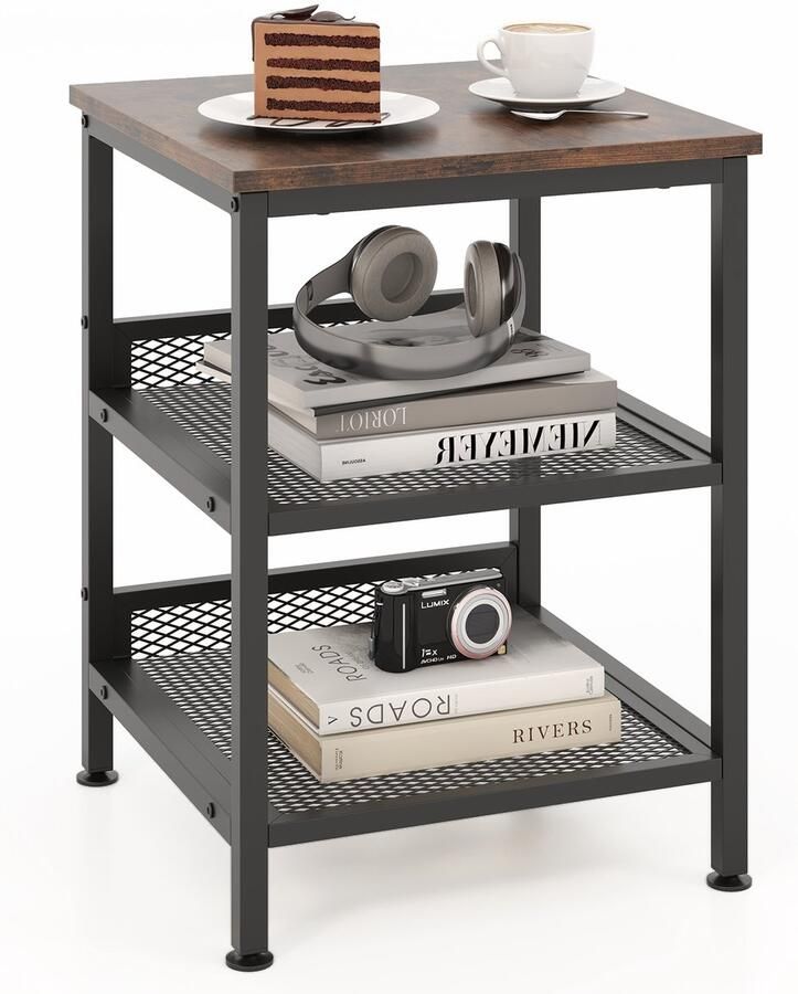 Costway 3-laags industrieel nachtkastje met 2 verstelbare gaasplanken bijzettafel met metalen frame voor woonkamer slaapkamer badkamer keuken gemakkelijk te monteren rustiek bruin