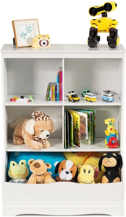 Costway 3-Laags speelgoed opbergkubus kinderkamerplank speelgoed organizer met 4 open vakjes en een bak multifunctionele boekenkast speelgoedplank voor kinderen kinderkamer slaapkamer (Wit)