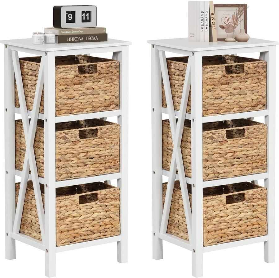 Costway 3-traps nachtkastje met zeegrasmanden smal X-design bijzettafel salontafel met acaciahouten poten opbergkast voor woonkamer slaapkamer walnoot (36 x 30 x 80 cm set van 2)