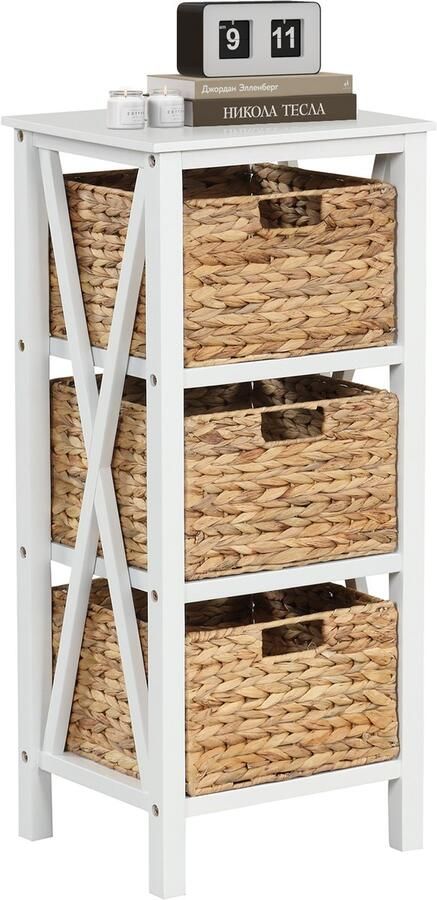 Costway 3-traps nachtkastje met zeegrasmanden smal X-design bijzettafel salontafel met acaciahouten poten opbergkast voor woonkamer slaapkamer walnoot (36 x 30 x 80 cm)