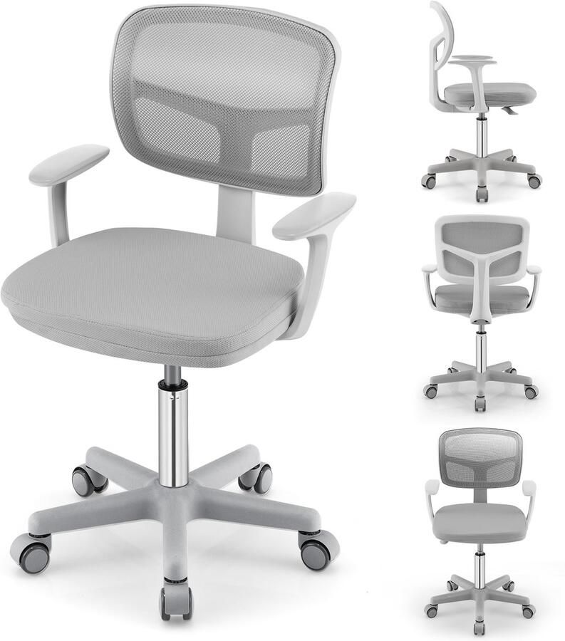 Costway 360° draaibare kinderbureaustoel 80-91 5 cm in hoogte verstelbare jeugdstoel met rugleuning en armleuningen computerstoel met 5 wielen voor kinderen van 3 tot 10 jaar oud grijs