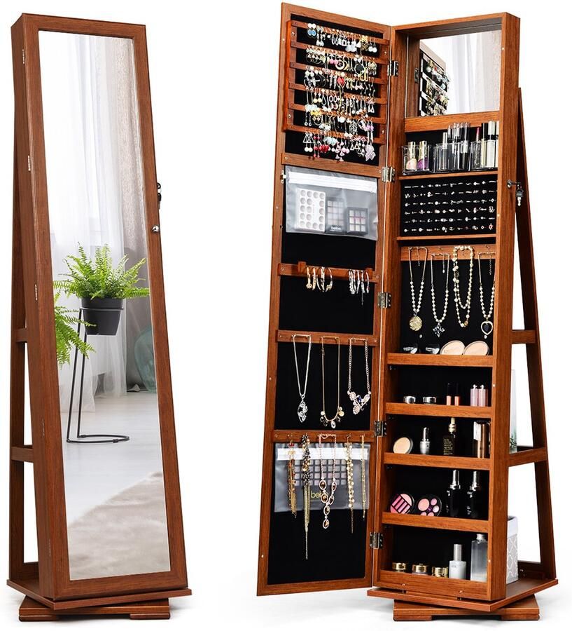 COSTWAY 360 roterende gespiegelde sieraden kast vrijstaande sieradenkast 2-in-1 afsluitbare grote capaciteit sieraden organisator met volledige lengte spiegel binnen make-up spiegel 78 ring gaten 24 kettingen haken 120 oorbel vakken (Rustiek)