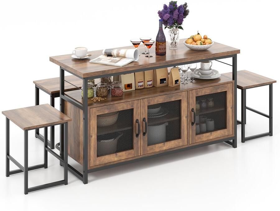 Costway 4-delige eettafelset keukentafel met 2 stoelen bank en opbergruimte industriële eetgroep met keukenkast voor 4 personen eetkamertafel metalen frame bartafelset voor keuken eetkamer