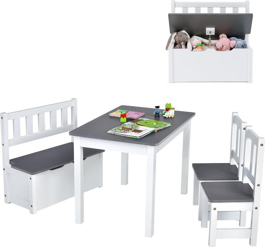 Costway 4-Delige Kindertafel & Stoel Set 2-In-1 Houten Peuter Activiteit Tafel Set met 2 Stoelen & 1 Opbergbankje Multifunctionele kindermeubilair voor Spelen Tekenen Lezen & Dineren (Natuurlijke)
