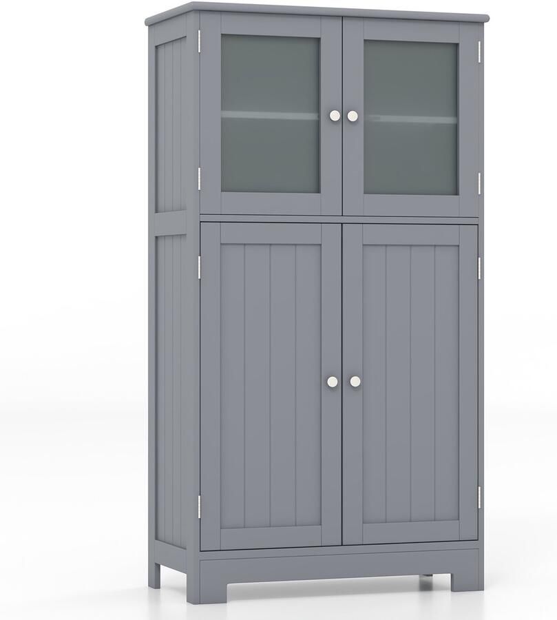 Costway 4-deurs badkamerkast woonkamerkast vrijstaand opbergkast met glazen deuren keukenkast hout met verstelbare plank multifunctionele kast voor hal woonkamer kantoor grijs