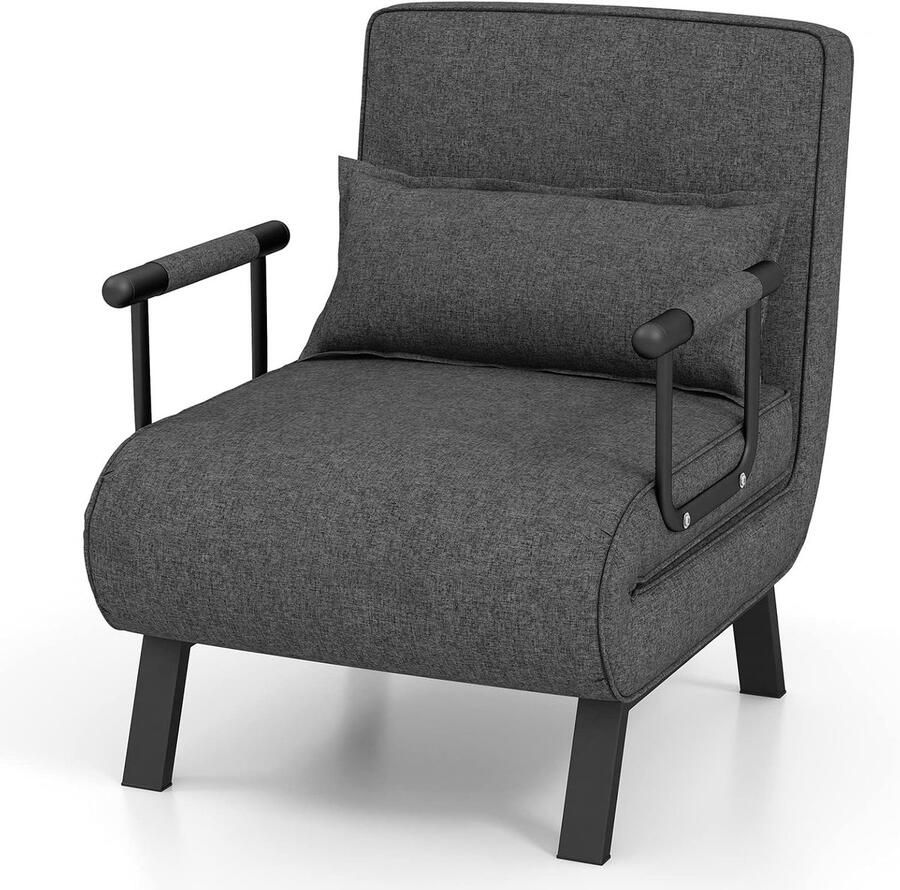 Costway 4-in-1 slaapstoel inklapbaar slaapbank met 5 standen verstelbare rugleuning afneembaar kussen en gevoerde zitting bankbed met metalen frame belastbaar tot 150 kg (donkergrijs)