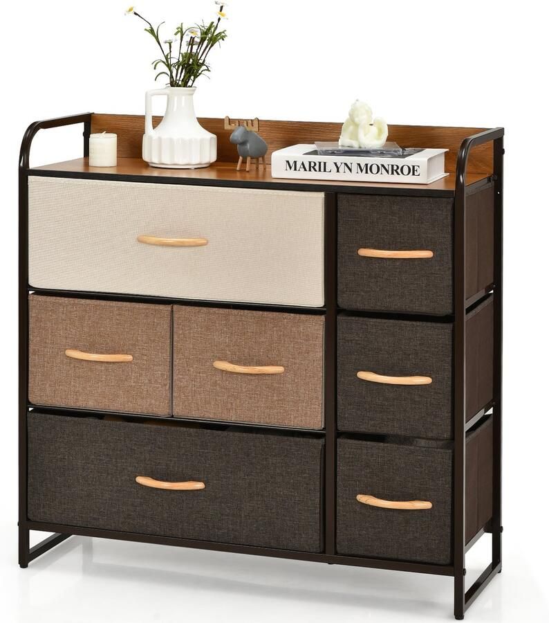 Costway 7-Laden Dressoir opbergtoren Brede Organisator Eenheid met Opvouwbare Stof Lades Utiliteit Dressoir Kist met Stevige Stalen Frame & Houten Top voor Gang kasten Slaapkamer Kinderkamer