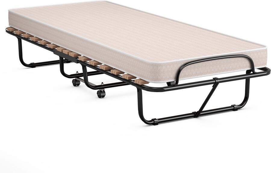 Costway 80 x 190 cm logeerbed met matras van traagschuim inklapbaar eenpersoonsbed stabiel metalen bed tot 130 kg belastbaar klapbed op wielen vouwbed kantoor logeerkamer draagbaar bed (beige)