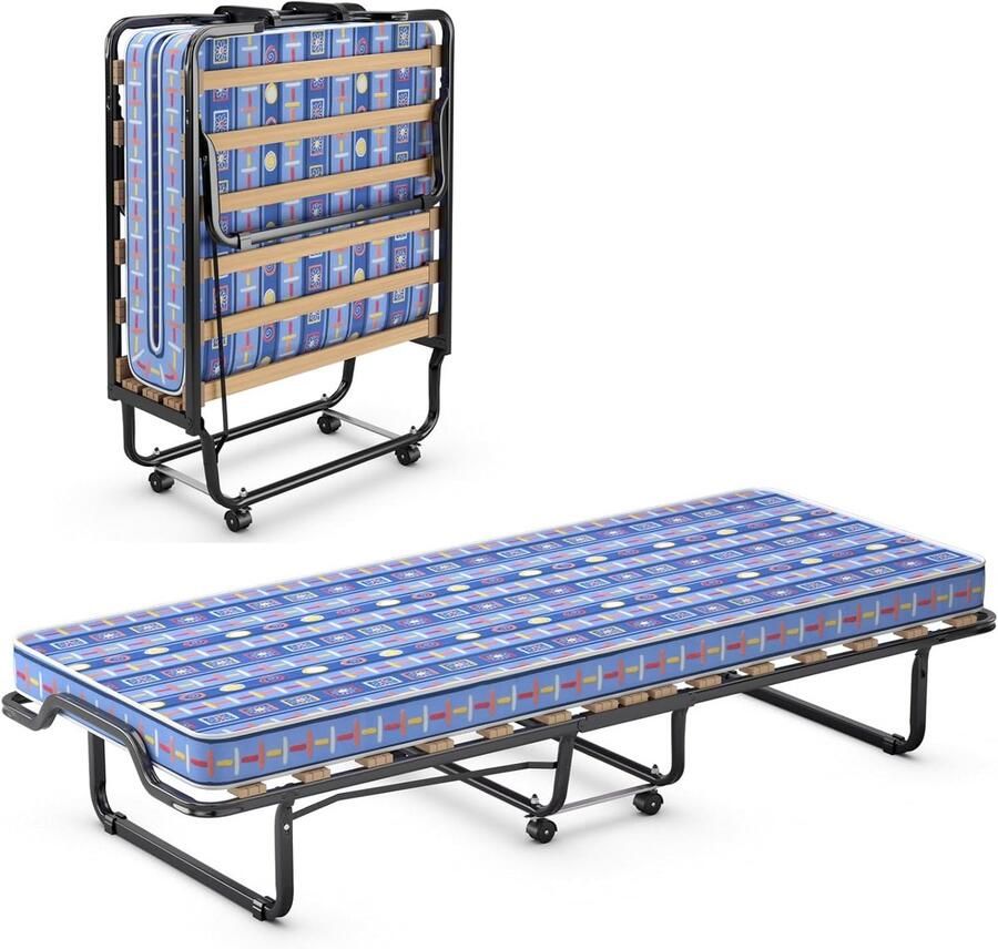 Costway 80 x 200 cm logeerbed inklapbaar met matras van traagschuim klapbed met stevig stalen frame tot 120 kg metalen bed op wielen voor logeerkamer camping blauw