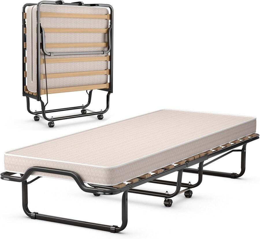 Costway 80 x 200 cm logeerbed inklapbaar opvouwbaar met matras van terugstelschuim opklapbed met stevig stalen frame tot 120 kg belastbaar metalen bed op wielen voor kantoor logeerkamer
