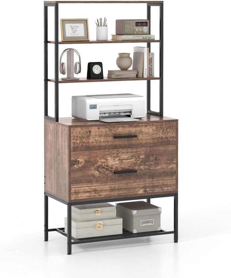 Costway archiefkast kantoorkast met 3 open planken en 2 laden boekenkast opbergrek voor woonkamer slaapkamer kantoor (rustiek bruin)