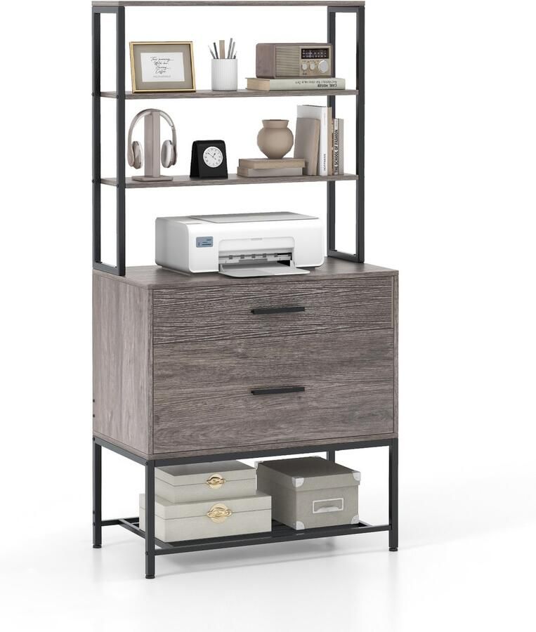 Costway archiefkast kantoorkast met 3 open planken en 2 laden boekenkast opbergrek voor woonkamer slaapkamer kantoor (grijs)