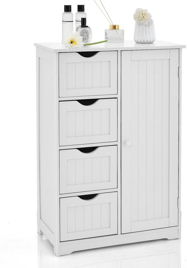 Costway Badkamerkast met 4 laden en 1 deur badkamerkast met verstelbare plank magnetische deursluiting en kantelbeveiliging voor woonkamer badkamer 55 x 30 x 81 cm (wit)