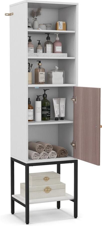 Costway Badkamerkast met 6 verdiepingen smal vrijstaande hoge kast met deur en verstelbare planken ruimtebesparende badkamerkast voor badkamer keuken woonkamer 38 x 30 x 146 cm (wit)