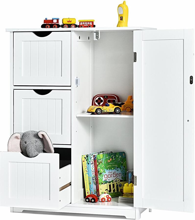 Costway Badkamerkast van hout met 3 laden en 1 deur onderkast met 3 standen verstelbare plank opbergkast voor woonkamer badkamer 60 x 30 x 81 cm (wit)