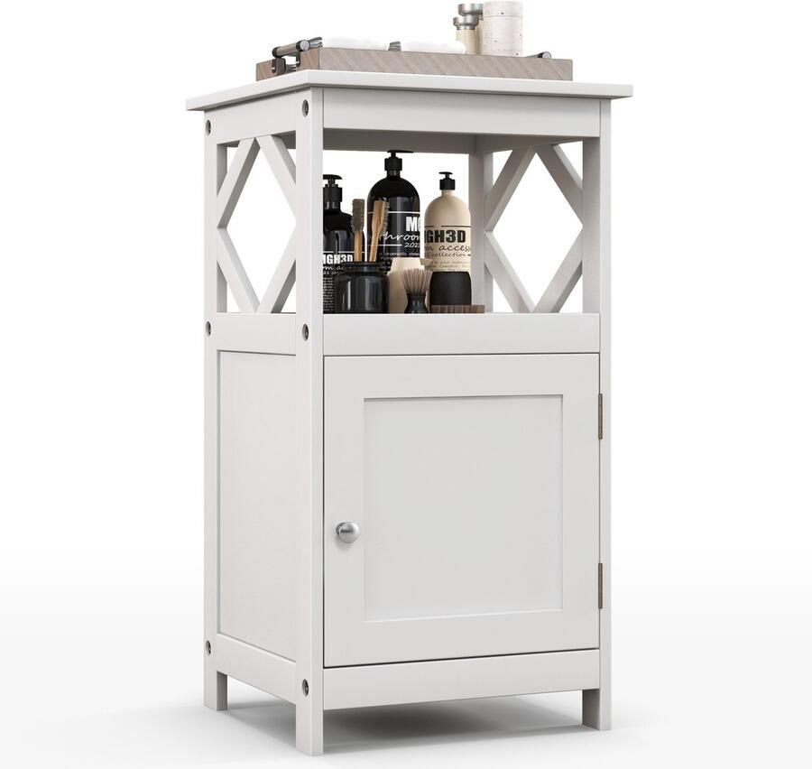 Costway Badkamerkast wit houten badkamerkast bijzetkast met enkele deur en open plank 40 x 40 x 74 cm voor badkamer woonkamer eetkamer en keuken modern
