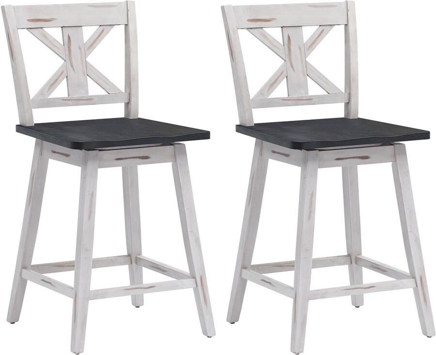 Costway Barkruk Set van 2 360 ° Draaibare Balie Hoogte Stoelen met anti-slip voetdoppen Rubberhout Bar Stoelen klassiek Barkrukken voor Thuis Restaurant & Kroeg Wit