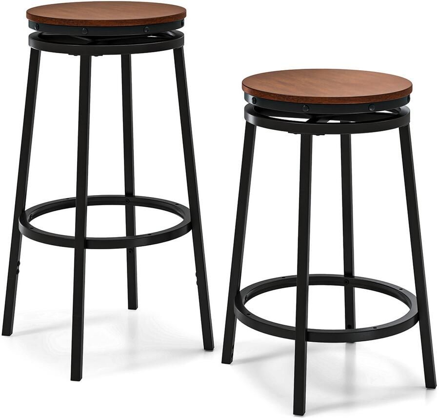 Costway Barkruk set van 2 360 graden draaibaar keukenkruk met 2 instelbare hoogtes houten baliekruk met metalen frame en voetsteunen tot 150 kg belastbaar vintage bruin