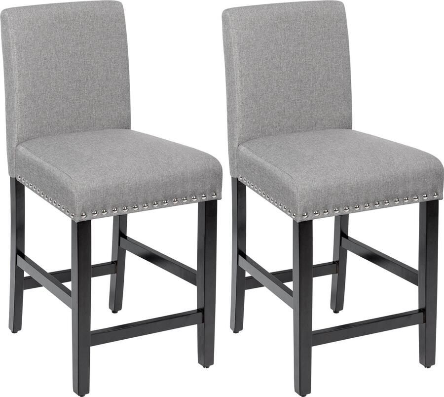 Costway Barkrukken set van 2 gevoerde barstoelen met poten van rubberhout ademend linnen weefsel en rugleuning bistrokruk barkruk keukenkruk voor keuken eetkamer