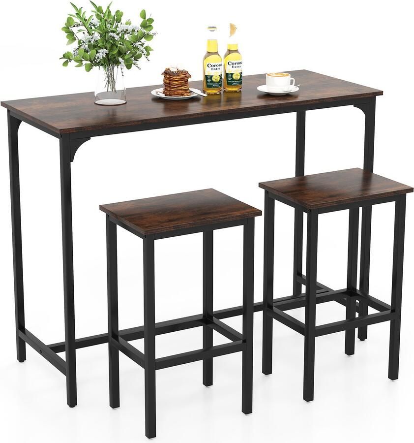 Costway Bartafel met barkruk set van 2 personen met voetensteun houten eetgroep met metalen frame keukentafelset aanrecht voor woonkamer eetkamer en keuken rustieke douche