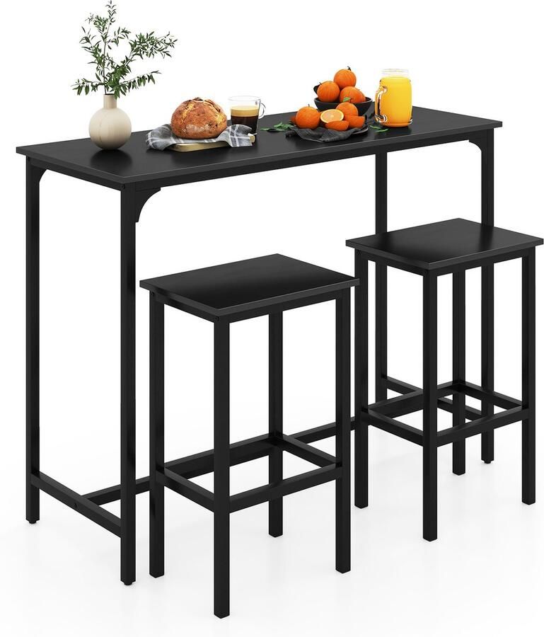 Costway Bartafel met barkruk set van 2 personen met voetensteun houten eetgroep met metalen frame keukentafelset aanrecht voor woonkamer eetkamer en keuken