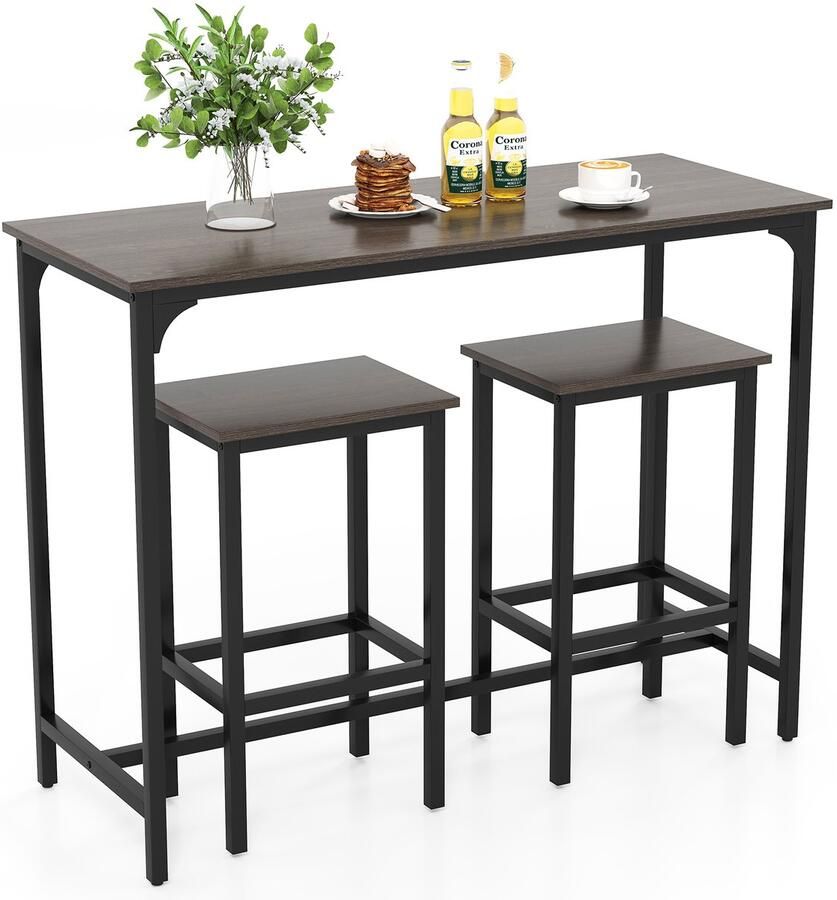 Costway Bartafel met barkruk set van 2 personen met voetensteun houten eetgroep met metalen frame keukentafelset aanrecht voor woonkamer eetkamer en keuken