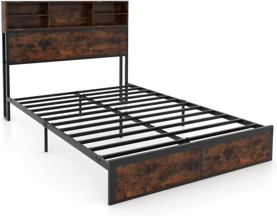 Costway Bed met laadstation 140 x 200 cm hoofdeinde met opbergruimte bedframe met lattenbodem bedframe tweepersoonsbed metalen bed zonder matras industrieel design