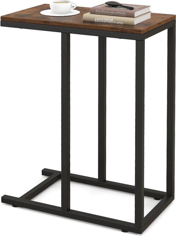 Costway Bijzettafel C-vorm banktafel met metalen frame koffietafel voor woonkamer slaapkamer kleine ruimtes salontafel voor bank en bed laptoptafel 45 5 x 25 5 x 64 cm (bruin)