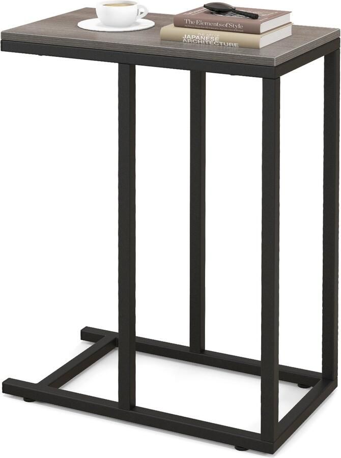 Costway Bijzettafel C-vorm banktafel met metalen frame koffietafel voor woonkamer slaapkamer kleine ruimtes salontafel voor bank en bed laptoptafel 45 5 x 25 5 x 64 cm (grijs)