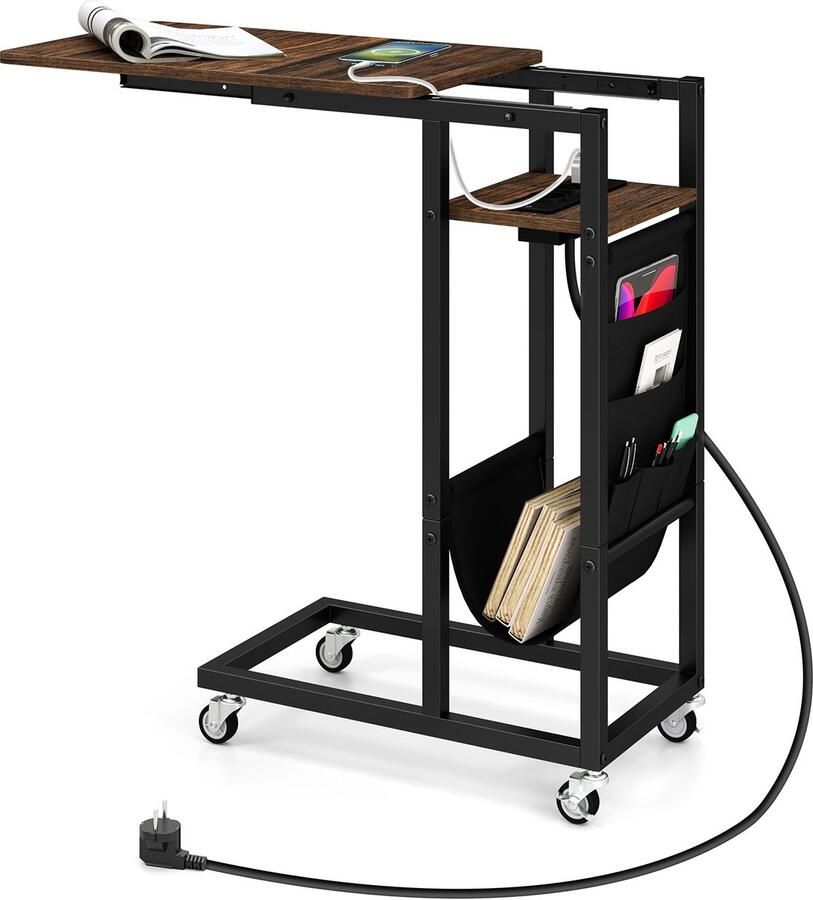 Costway Bijzettafel C-vormig met laadstation banktafel met uittrekbaar tafelblad en zijvak salontafel met wieltjes koffietafel industrieel voor woonkamer slaapkamer (bruin)